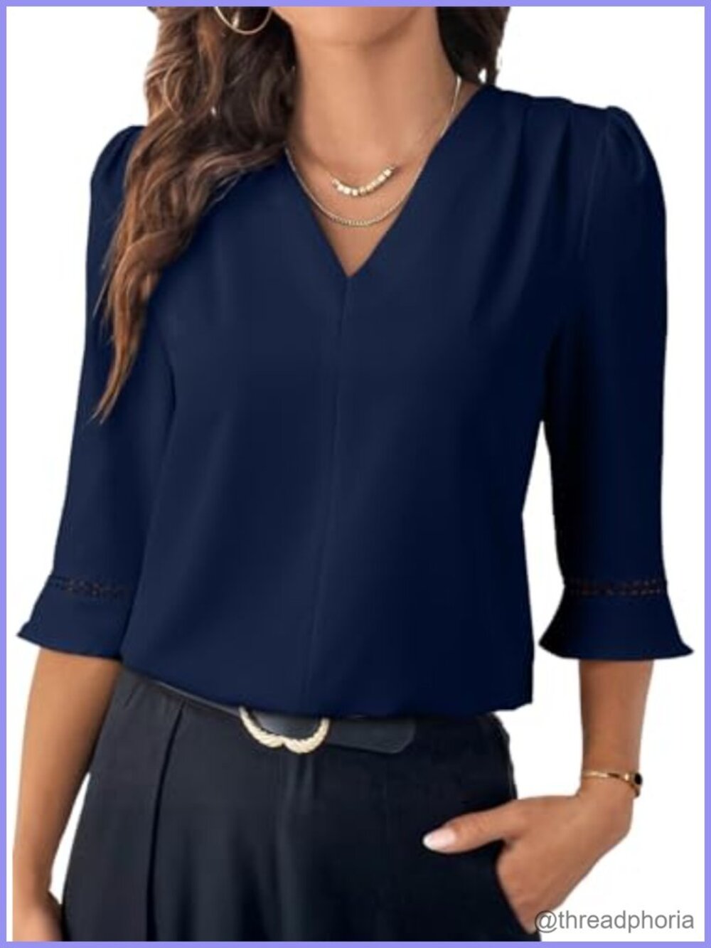 Womens Pleated V Neck Blouse 3/4 Sleeve Ruffle Cuff Dressy Casual Work Top